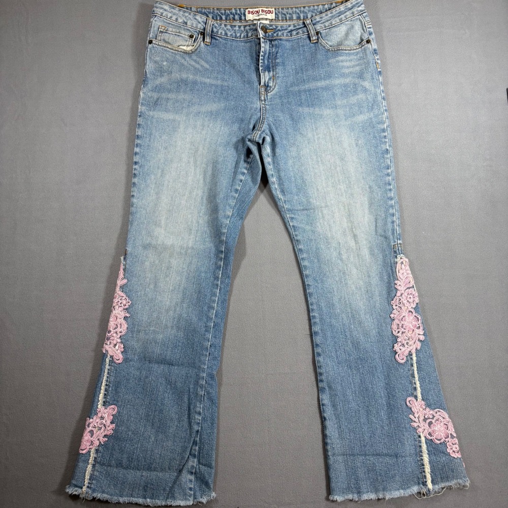 Bisou Bisou Flare Jeans Women 16 Blue Pink Lace Applique Good Y2K Boho Frayed